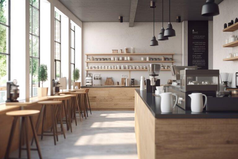 Moderne Architektur Café-Bar-Café mit hohen modernen Fenstern und nachhaltigen Holzakzenten, erstellt mit generativer KI
