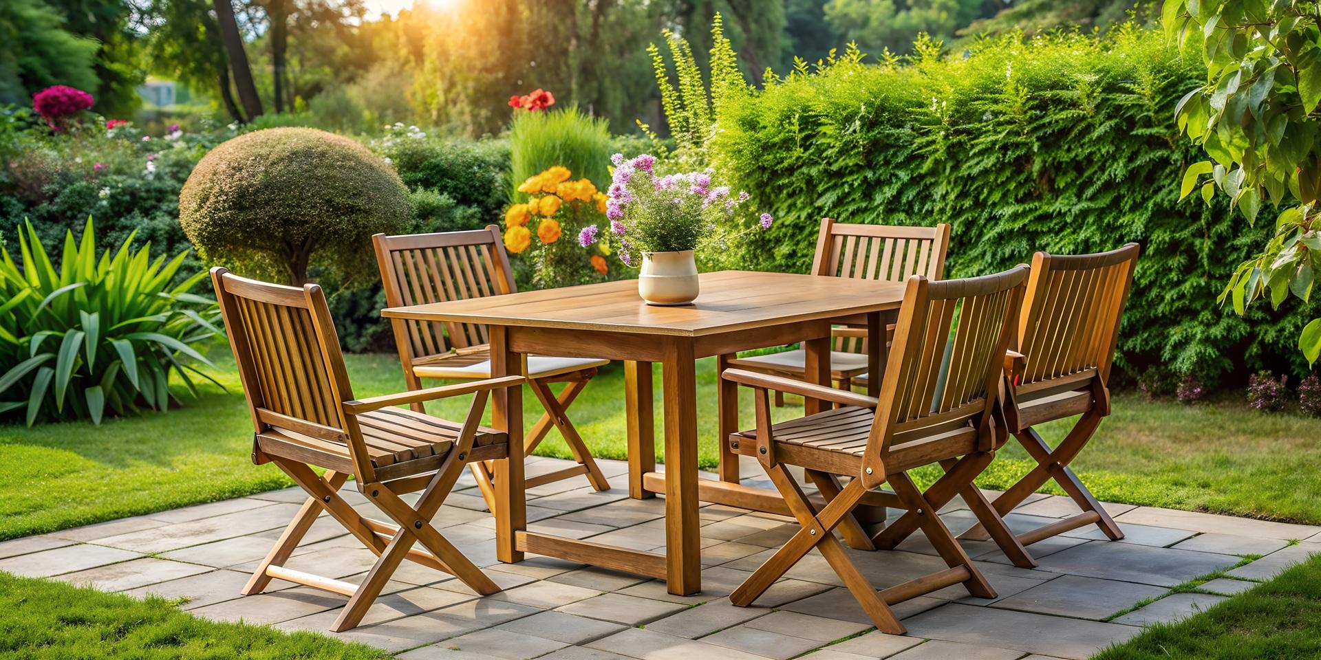 Holz-Sitzgruppe im Garten mit Blüten | Meisenknödel

