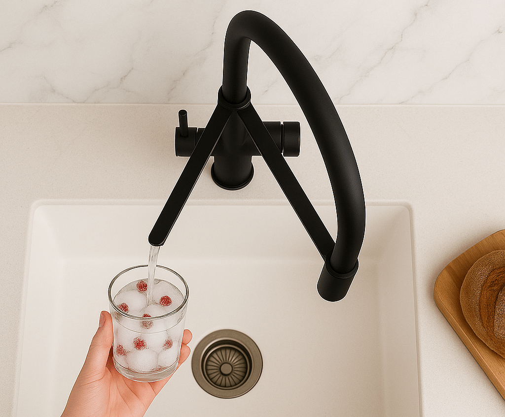 Ein moderner Sprudel Wasserhahn in schwarz